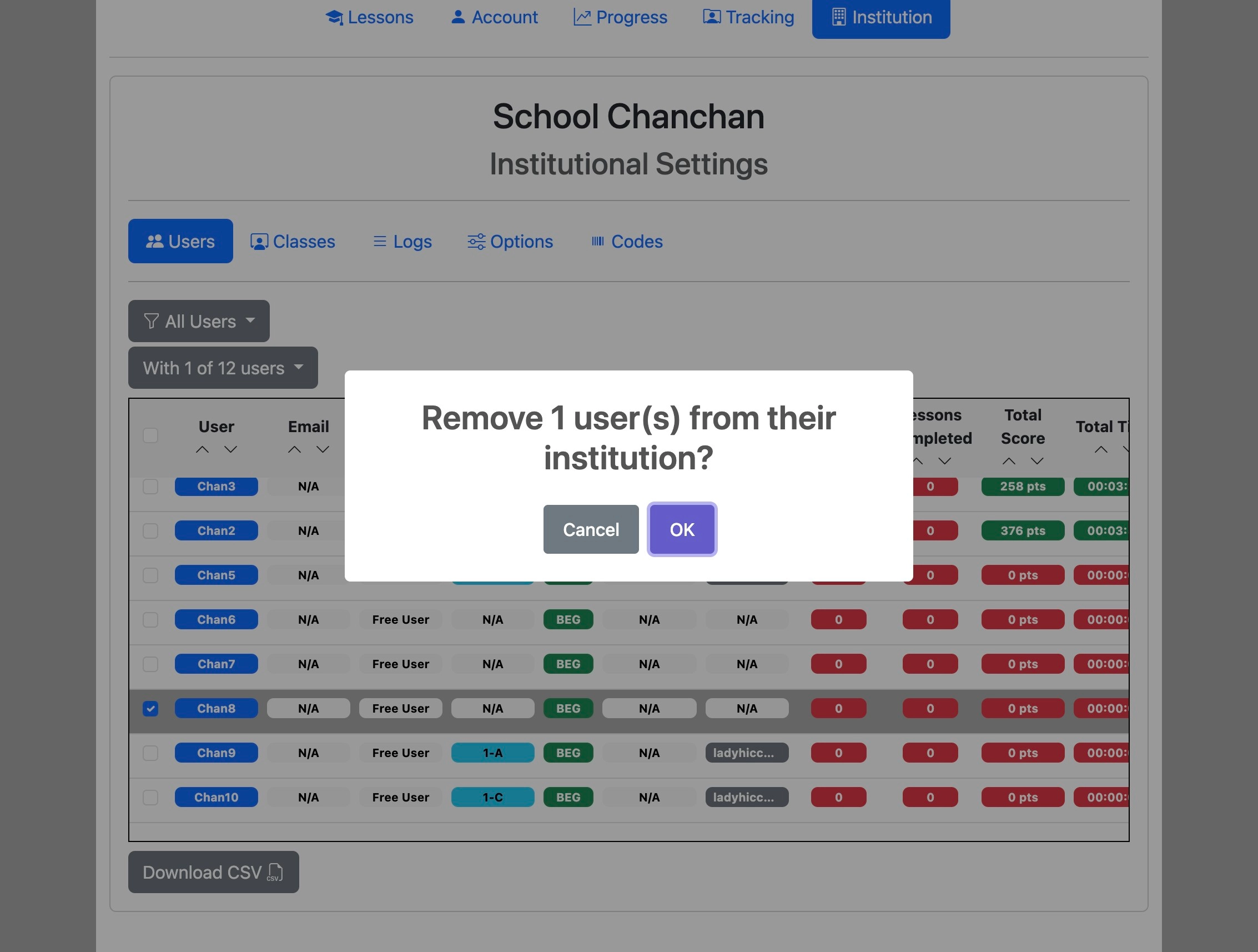 Screenshot for How to remove users from your institution, step 4