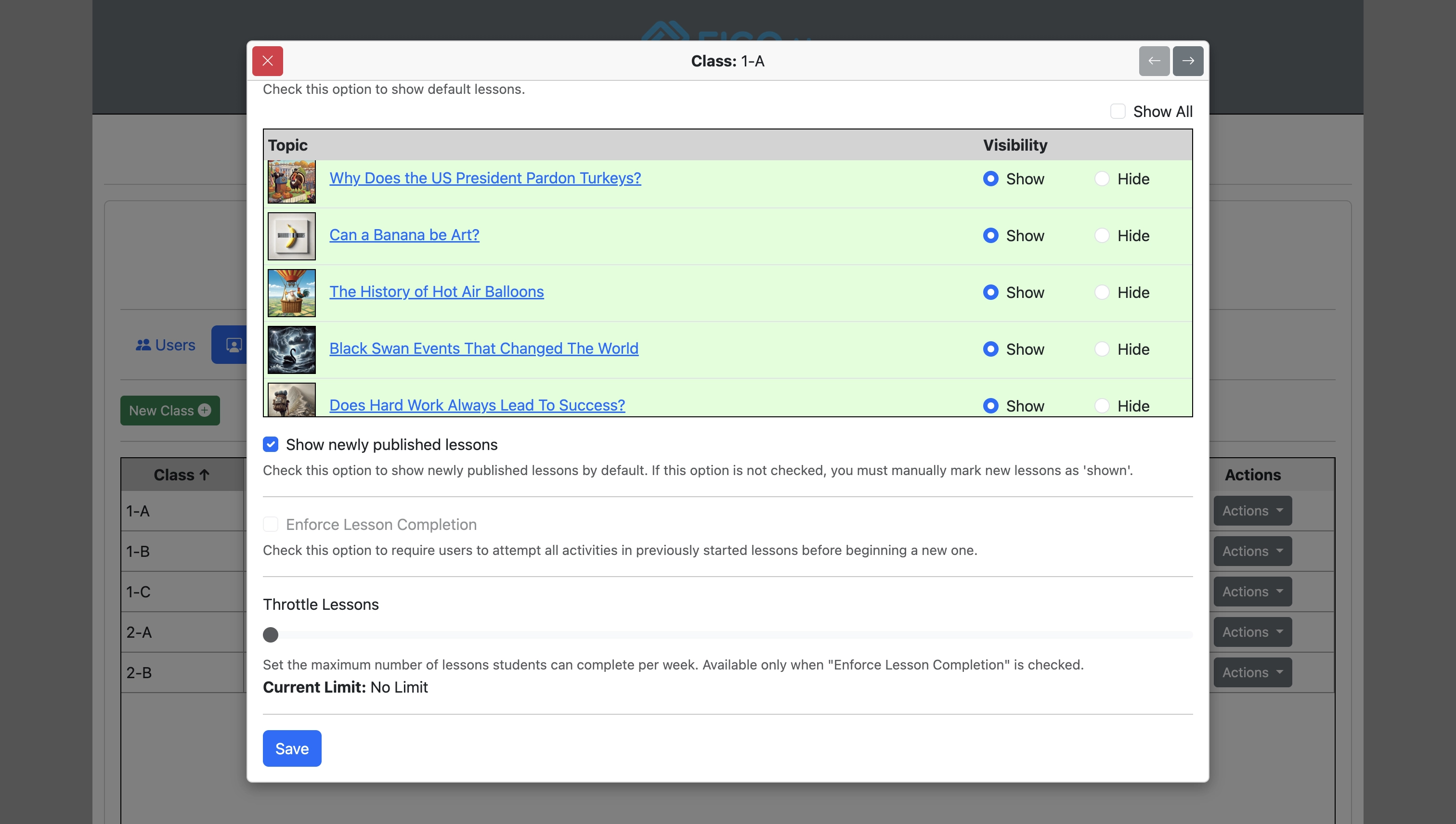Screenshot for How to override institutional options for specified classes, step 6