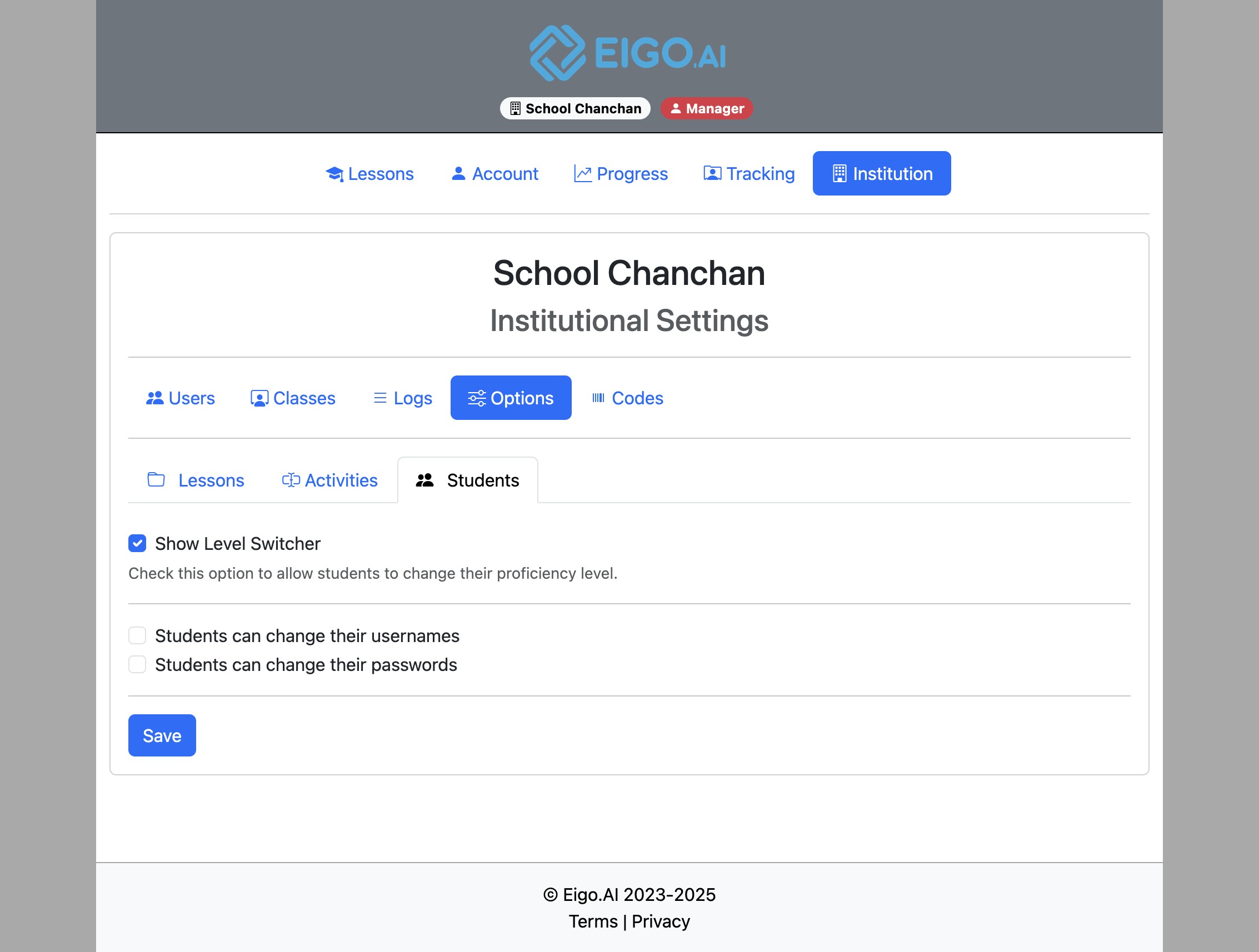 Screenshot for Institutional options, step 25