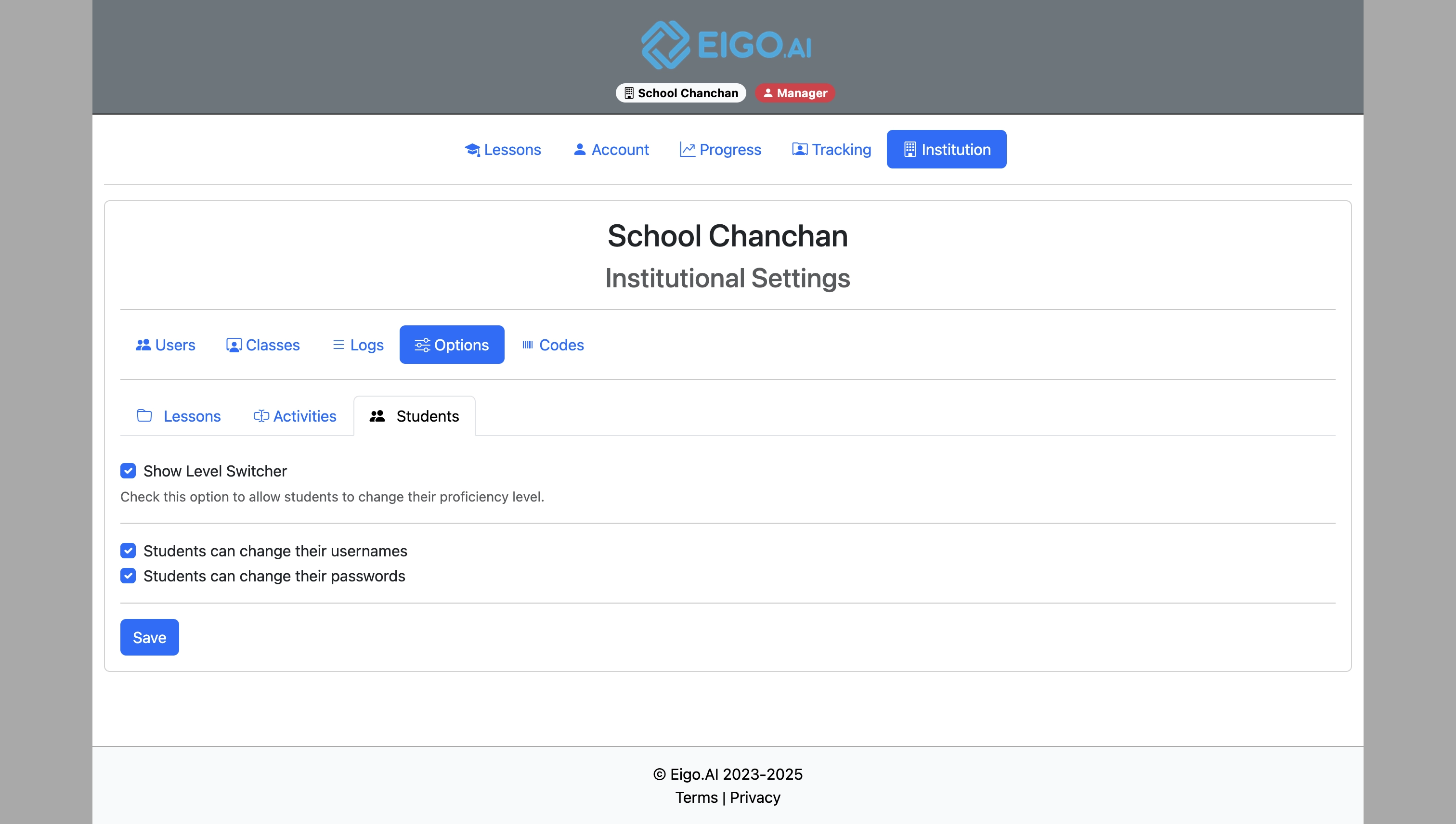 Screenshot for Institutional options, step 27