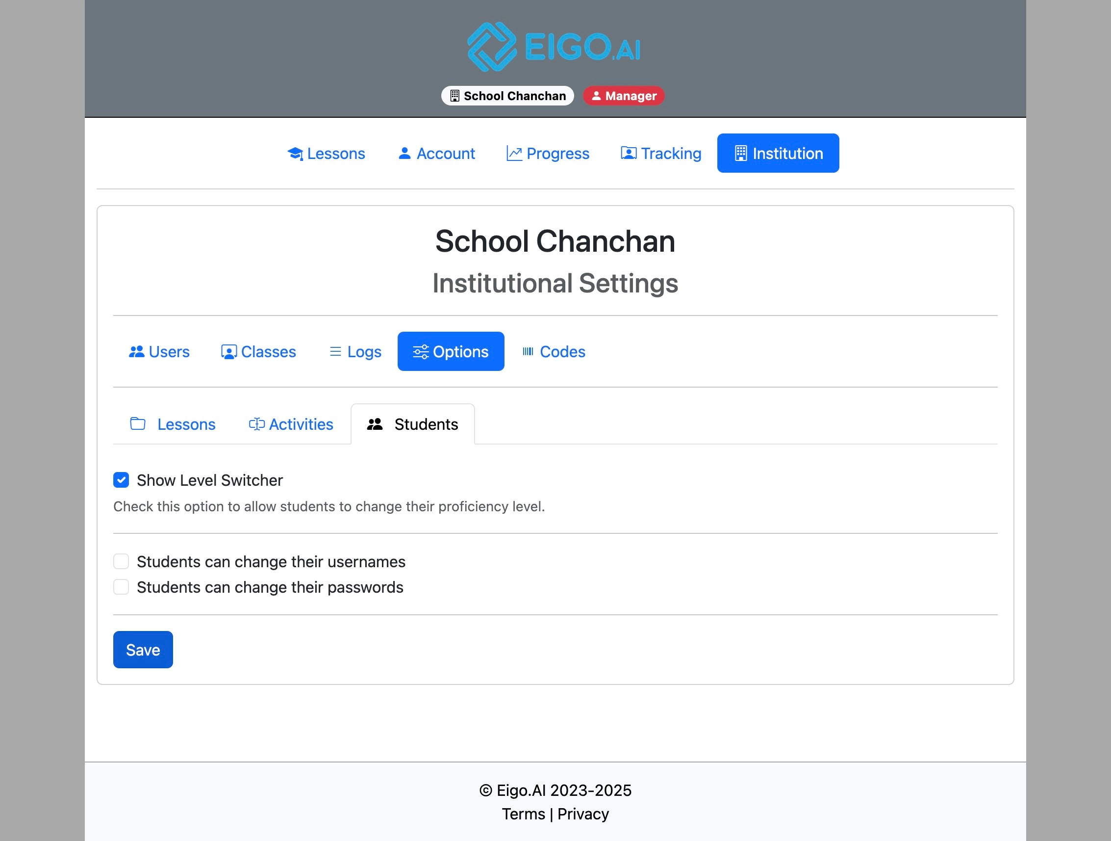 Screenshot for Institutional options, step 29