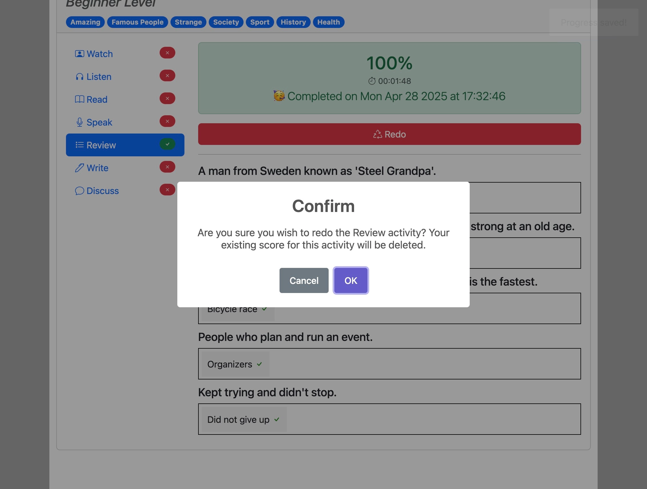 Screenshot for How to do the 'Review' activity, step 10