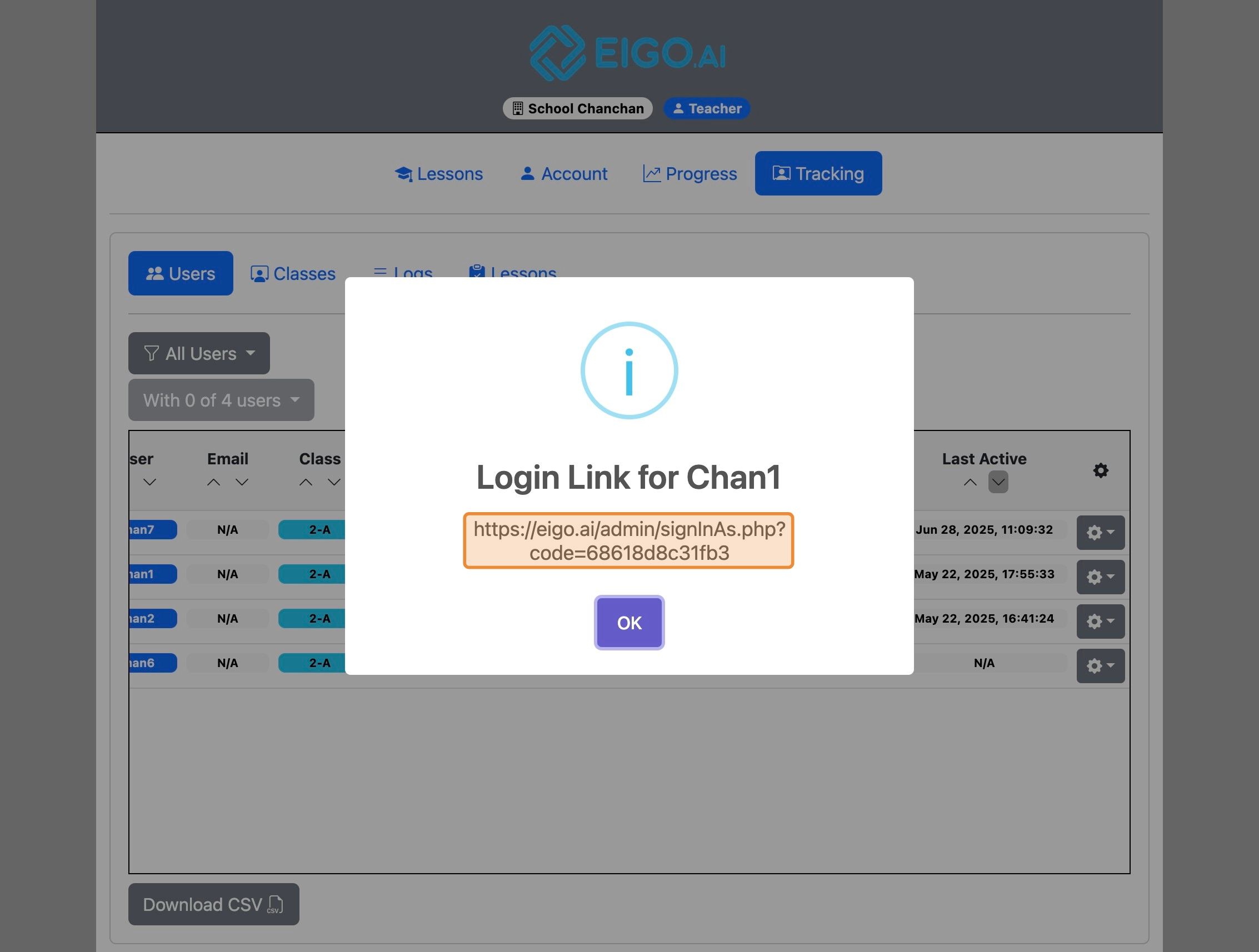 Screenshot for How to create a one-time login link for students, step 4