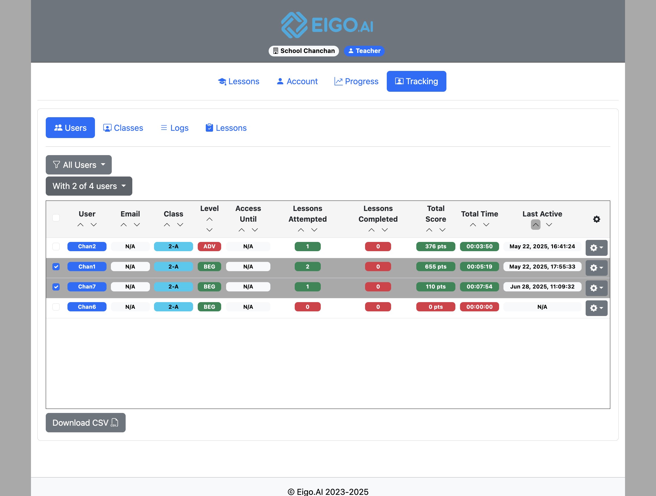 Screenshot for How to set student levels, step 2