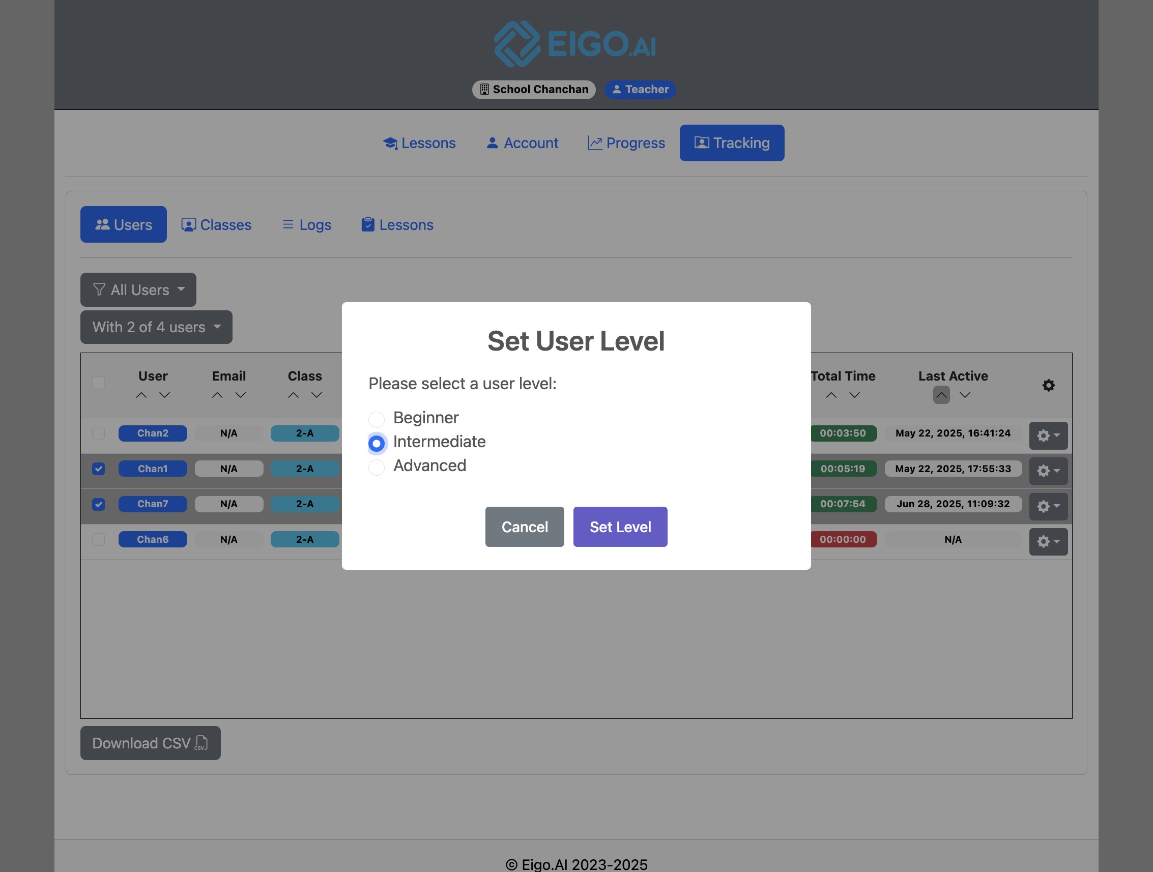 Screenshot for How to set student levels, step 4