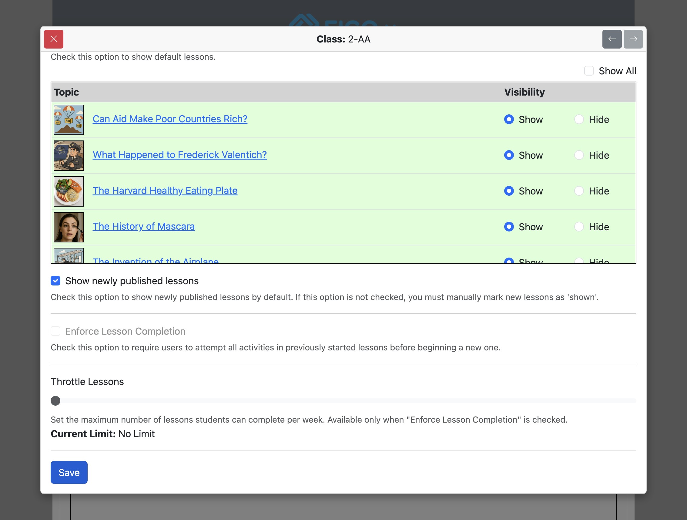 Screenshot for How to override institutional options for specified classes, step 12