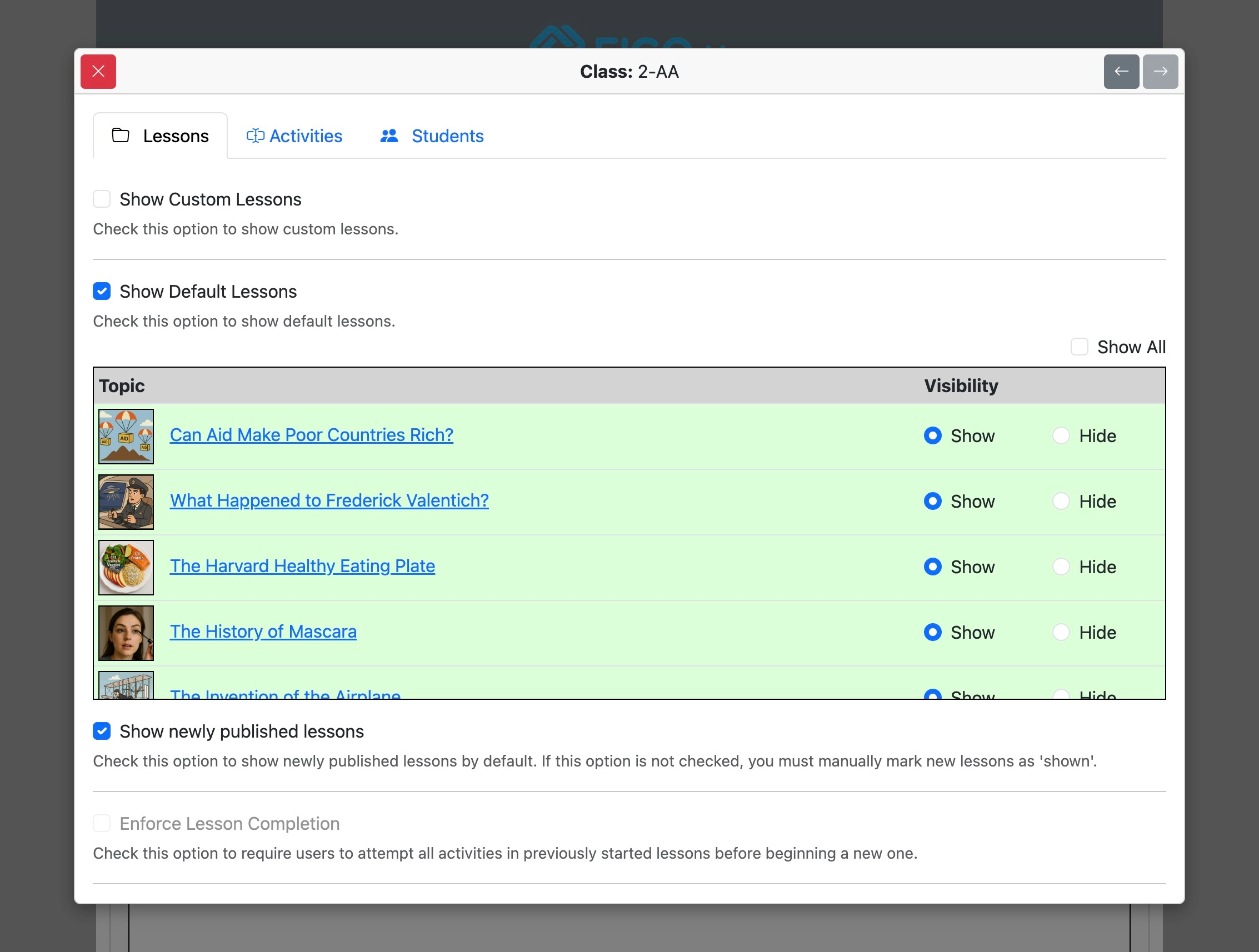 Screenshot for How to override institutional options for specified classes, step 7