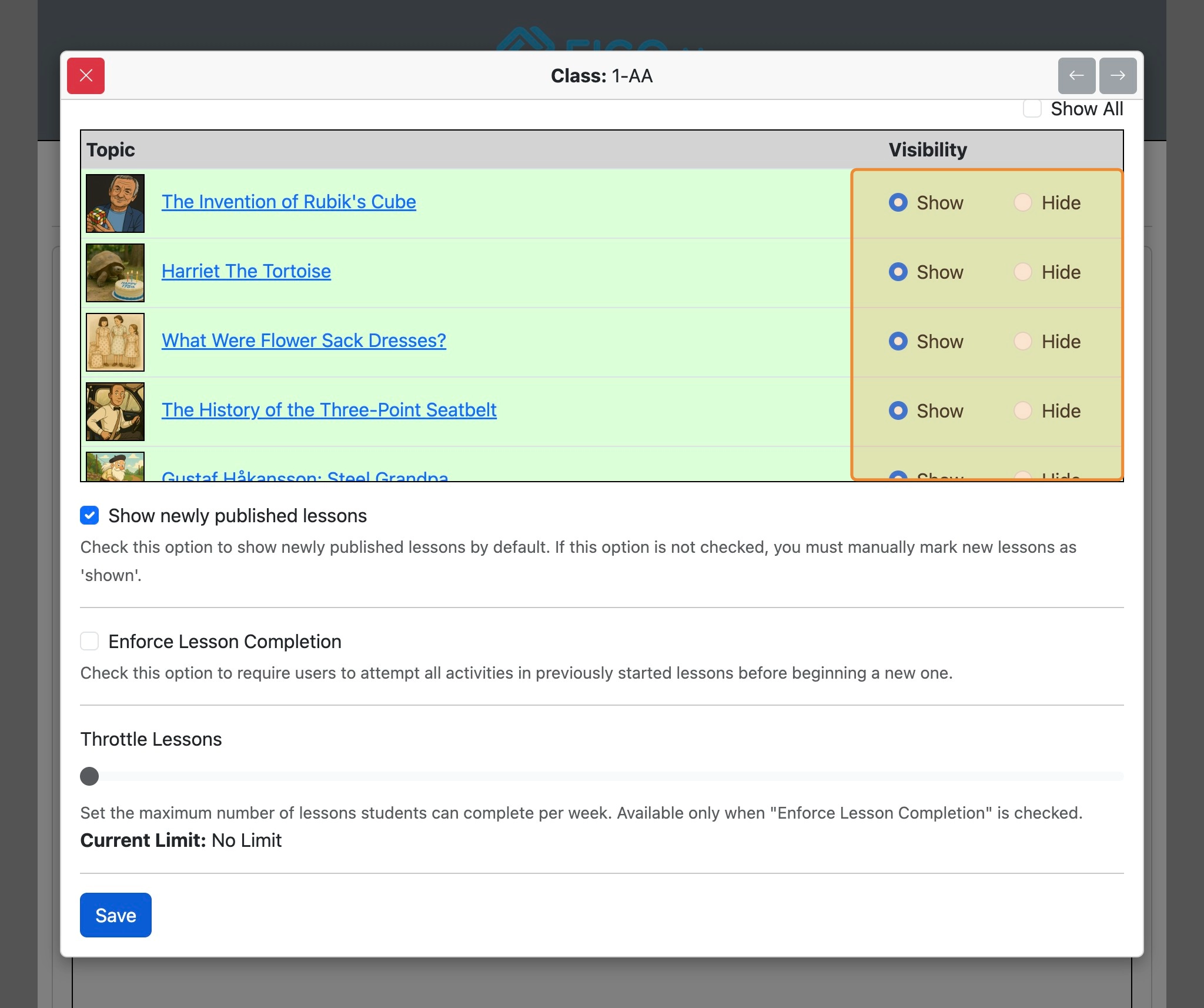 Screenshot for How to override institutional options for specified classes, step 8